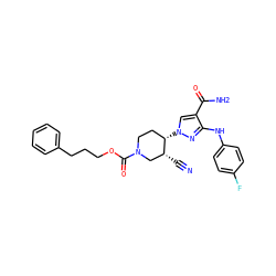 N#C[C@@H]1CN(C(=O)OCCCc2ccccc2)CC[C@@H]1n1cc(C(N)=O)c(Nc2ccc(F)cc2)n1 ZINC000205029732