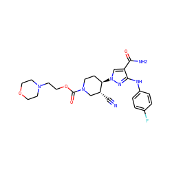 N#C[C@@H]1CN(C(=O)OCCN2CCOCC2)CC[C@H]1n1cc(C(N)=O)c(Nc2ccc(F)cc2)n1 ZINC000221255311
