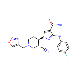 N#C[C@@H]1CN(Cc2cocn2)CC[C@H]1n1cc(C(N)=O)c(Nc2ccc(F)cc2)n1 ZINC000220708870