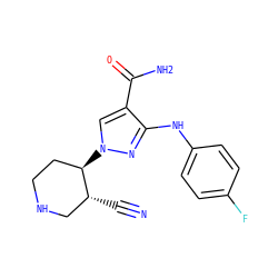 N#C[C@@H]1CNCC[C@H]1n1cc(C(N)=O)c(Nc2ccc(F)cc2)n1 ZINC000220672167