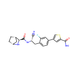 N#C[C@H](Cc1ccc(-c2csc(C(N)=O)c2)cc1F)NC(=O)[C@H]1N[C@@H]2CC[C@H]1C2 ZINC000219301131