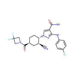 N#C[C@H]1C[C@@H](C(=O)N2CC(F)(F)C2)CC[C@@H]1n1cc(C(N)=O)c(Nc2ccc(Cl)cc2)n1 ZINC000221197754