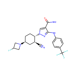 N#C[C@H]1C[C@@H](N2CC(F)C2)CC[C@@H]1n1cc(C(N)=O)c(Nc2ccc(C(F)(F)F)cc2)n1 ZINC000205000603