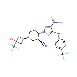 N#C[C@H]1C[C@@H](N2CC(O)(C(F)(F)F)C2)CC[C@@H]1n1cc(C(N)=O)c(Nc2ccc(C(F)(F)F)cc2)n1 ZINC000221214412
