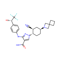 N#C[C@H]1C[C@@H](N2CC3(CCC3)C2)CC[C@@H]1n1cc(C(N)=O)c(Nc2ccc([C@H](O)C(F)(F)F)cc2)n1 ZINC000221094859