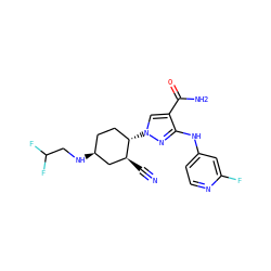 N#C[C@H]1C[C@@H](NCC(F)F)CC[C@@H]1n1cc(C(N)=O)c(Nc2ccnc(F)c2)n1 ZINC000221203671