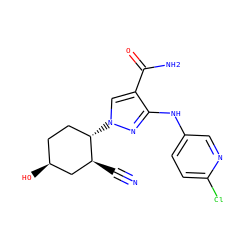 N#C[C@H]1C[C@@H](O)CC[C@@H]1n1cc(C(N)=O)c(Nc2ccc(Cl)nc2)n1 ZINC000221180906