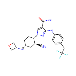N#C[C@H]1C[C@H](NC2COC2)CC[C@@H]1n1cc(C(N)=O)c(Nc2ccc(CC(F)(F)F)cc2)n1 ZINC000204991826
