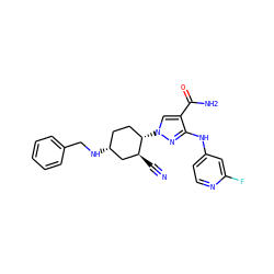 N#C[C@H]1C[C@H](NCc2ccccc2)CC[C@@H]1n1cc(C(N)=O)c(Nc2ccnc(F)c2)n1 ZINC000221865536