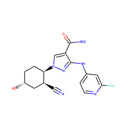 N#C[C@H]1C[C@H](O)CC[C@H]1n1cc(C(N)=O)c(Nc2ccnc(F)c2)n1 ZINC000204966003