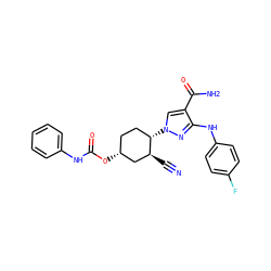 N#C[C@H]1C[C@H](OC(=O)Nc2ccccc2)CC[C@@H]1n1cc(C(N)=O)c(Nc2ccc(F)cc2)n1 ZINC000221890420
