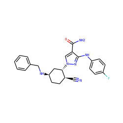 N#C[C@H]1CC[C@@H](NCc2ccccc2)C[C@@H]1n1cc(C(N)=O)c(Nc2ccc(F)cc2)n1 ZINC000221849875