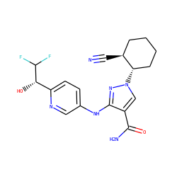 N#C[C@H]1CCCC[C@@H]1n1cc(C(N)=O)c(Nc2ccc([C@H](O)C(F)F)nc2)n1 ZINC000205072431
