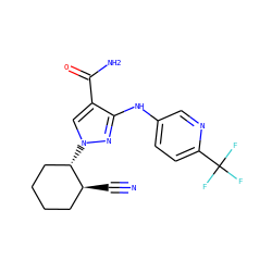 N#C[C@H]1CCCC[C@@H]1n1cc(C(N)=O)c(Nc2ccc(C(F)(F)F)nc2)n1 ZINC000221206699