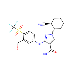 N#C[C@H]1CCCC[C@@H]1n1cc(C(N)=O)c(Nc2ccc(S(=O)(=O)C(F)(F)F)c(CO)c2)n1 ZINC000205072115