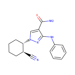 N#C[C@H]1CCCC[C@@H]1n1cc(C(N)=O)c(Nc2ccccc2)n1 ZINC000205045894