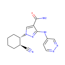 N#C[C@H]1CCCC[C@@H]1n1cc(C(N)=O)c(Nc2ccnnc2)n1 ZINC000221154481