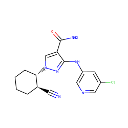 N#C[C@H]1CCCC[C@@H]1n1cc(C(N)=O)c(Nc2cncc(Cl)c2)n1 ZINC000221830996