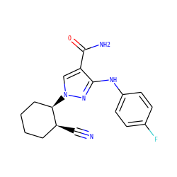 N#C[C@H]1CCCC[C@H]1n1cc(C(N)=O)c(Nc2ccc(F)cc2)n1 ZINC000221194273