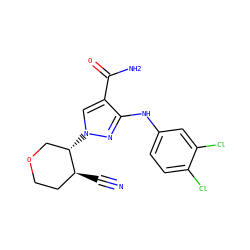 N#C[C@H]1CCOC[C@@H]1n1cc(C(N)=O)c(Nc2ccc(Cl)c(Cl)c2)n1 ZINC000204977224