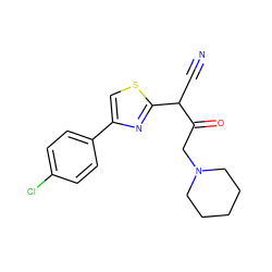 N#CC(C(=O)CN1CCCCC1)c1nc(-c2ccc(Cl)cc2)cs1 ZINC000101469302