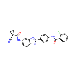 N#CC1(C(=O)Nc2ccc3[nH]c(-c4ccc(NC(=O)c5ccccc5Cl)cc4)nc3c2)CC1 ZINC000038147887