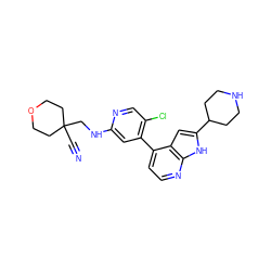 N#CC1(CNc2cc(-c3ccnc4[nH]c(C5CCNCC5)cc34)c(Cl)cn2)CCOCC1 ZINC000226058671