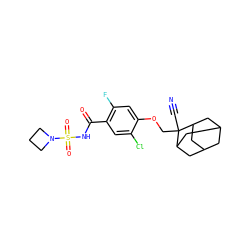 N#CC1(COc2cc(F)c(C(=O)NS(=O)(=O)N3CCC3)cc2Cl)C2CC3CC(C2)CC1C3 ZINC000216255684
