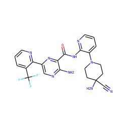 N#CC1(N)CCN(c2cccnc2NC(=O)c2nc(-c3ncccc3C(F)(F)F)cnc2N)CC1 ZINC001772631176
