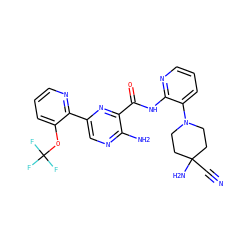 N#CC1(N)CCN(c2cccnc2NC(=O)c2nc(-c3ncccc3OC(F)(F)F)cnc2N)CC1 ZINC001772621693