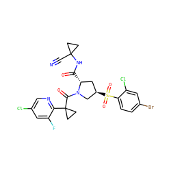 N#CC1(NC(=O)[C@@H]2C[C@@H](S(=O)(=O)c3ccc(Br)cc3Cl)CN2C(=O)C2(c3ncc(Cl)cc3F)CC2)CC1 ZINC000211107328