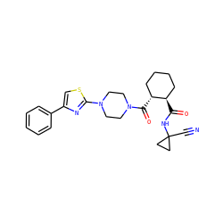 N#CC1(NC(=O)[C@@H]2CCCC[C@H]2C(=O)N2CCN(c3nc(-c4ccccc4)cs3)CC2)CC1 ZINC000084672076