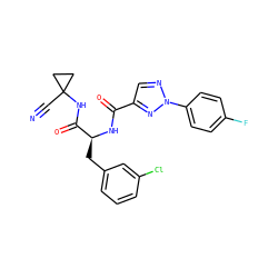 N#CC1(NC(=O)[C@H](Cc2cccc(Cl)c2)NC(=O)c2cnn(-c3ccc(F)cc3)n2)CC1 ZINC001772617489
