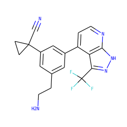 N#CC1(c2cc(CCN)cc(-c3ccnc4[nH]nc(C(F)(F)F)c34)c2)CC1 ZINC000167038017