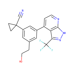 N#CC1(c2cc(CCO)cc(-c3ccnc4[nH]nc(C(F)(F)F)c34)c2)CC1 ZINC000167037911