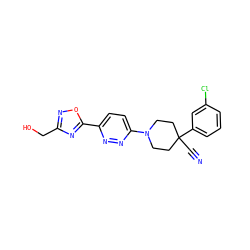 N#CC1(c2cccc(Cl)c2)CCN(c2ccc(-c3nc(CO)no3)nn2)CC1 ZINC001772614072