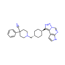 N#CC1(c2ccccc2)CCN(C[C@H]2CC[C@H](c3nnn4cnc5[nH]ccc5c34)CC2)CC1 ZINC001772608558