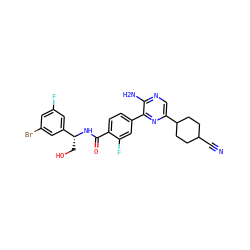 N#CC1CCC(c2cnc(N)c(-c3ccc(C(=O)N[C@H](CO)c4cc(F)cc(Br)c4)c(F)c3)n2)CC1 ZINC001772599008