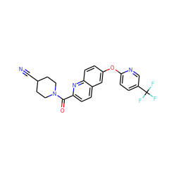 N#CC1CCN(C(=O)c2ccc3cc(Oc4ccc(C(F)(F)F)cn4)ccc3n2)CC1 ZINC001772652629