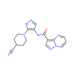 N#CC1CCN(c2[nH]ncc2NC(=O)c2cnn3cccnc23)CC1 ZINC000145150121