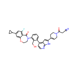 N#CCC(=O)N1CC=C(c2cc3c(-c4cccc(N5CCOc6cc(C7CC7)cc(F)c6C5=O)c4CO)ccnc3[nH]2)CC1 ZINC000205728502
