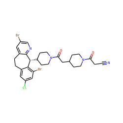 N#CCC(=O)N1CCC(CC(=O)N2CCC([C@H]3c4ncc(Br)cc4CCc4cc(Cl)cc(Br)c43)CC2)CC1 ZINC000026649009