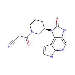 N#CCC(=O)N1CCC[C@@H](n2c(=O)[nH]c3cnc4[nH]ccc4c32)C1 ZINC000117901312