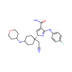 N#CCC1([C@@H]2C=C(C(N)=O)C(Nc3ccc(F)cc3)=N2)CCC(NC2CCOCC2)CC1 ZINC000219780187
