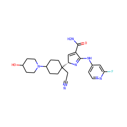 N#CCC1([C@@H]2C=C(C(N)=O)C(Nc3ccnc(F)c3)=N2)CCC(N2CCC(O)CC2)CC1 ZINC000219780006