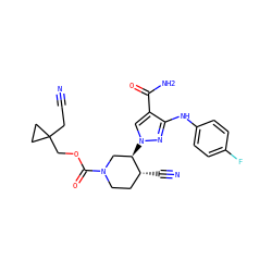N#CCC1(COC(=O)N2CC[C@@H](C#N)[C@H](n3cc(C(N)=O)c(Nc4ccc(F)cc4)n3)C2)CC1 ZINC000220681601