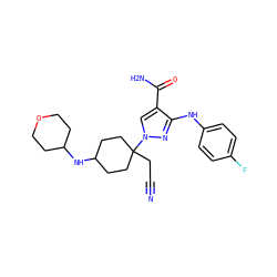 N#CCC1(n2cc(C(N)=O)c(Nc3ccc(F)cc3)n2)CCC(NC2CCOCC2)CC1 ZINC000219227082