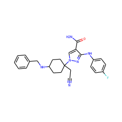 N#CCC1(n2cc(C(N)=O)c(Nc3ccc(F)cc3)n2)CCC(NCc2ccccc2)CC1 ZINC000220974394