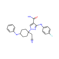 N#CCC1(n2cc(C(N)=O)c(Nc3ccc(F)cc3)n2)CCC(Nc2ccccc2)CC1 ZINC000220971667
