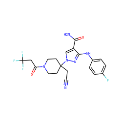 N#CCC1(n2cc(C(N)=O)c(Nc3ccc(F)cc3)n2)CCN(C(=O)CC(F)(F)F)CC1 ZINC000218410507